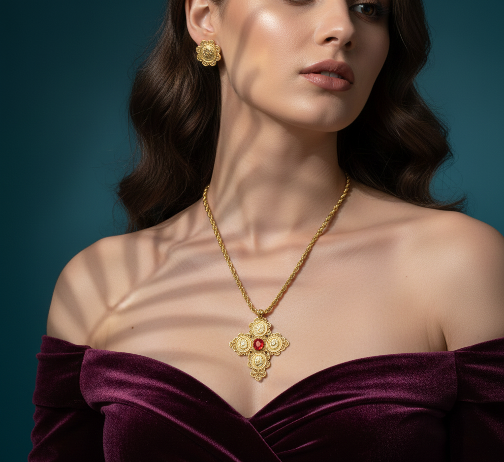 Heritage Cross Pendant Crimson Edition - Istmeña Golden Legacy Collection - Image 2